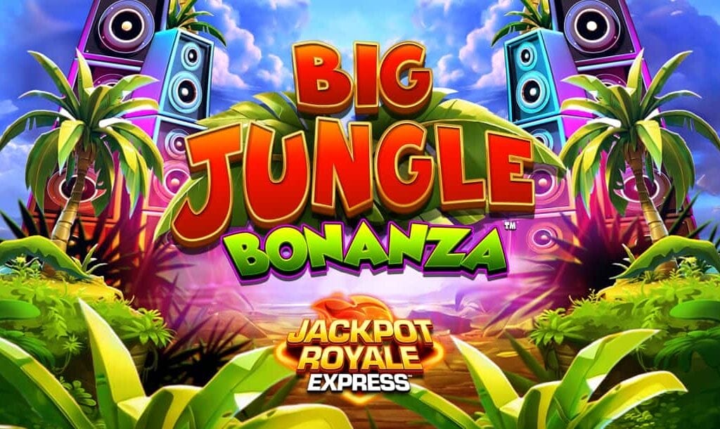 The title screen for Big Jungle Bonanza Jackpot Royale Express bursts with color and tropical flair. Towering palm trees and massive neon speaker stacks frame a vibrant jungle pathway under a blue sky. The game’s title is displayed boldly in bright red, green, and orange block letters, among lush leaves. A glowing Jackpot Royale Express logo glows at the bottom of the screen.