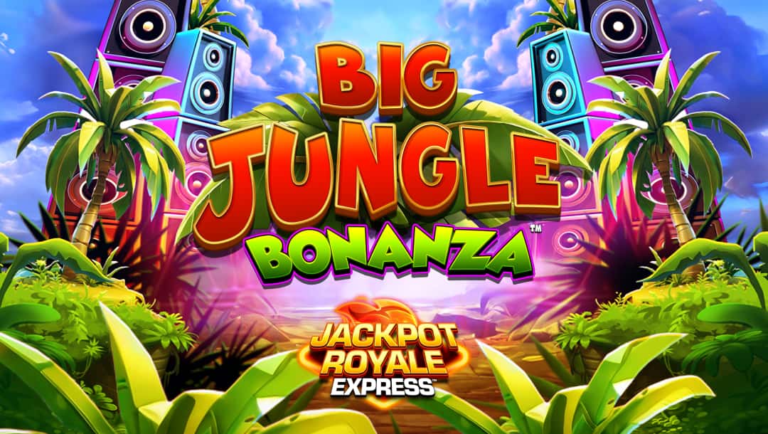 The title screen for Big Jungle Bonanza Jackpot Royale Express bursts with color and tropical flair. Towering palm trees and massive neon speaker stacks frame a vibrant jungle pathway under a blue sky. The game’s title is displayed boldly in bright red, green, and orange block letters, among lush leaves. A glowing Jackpot Royale Express logo glows at the bottom of the screen.