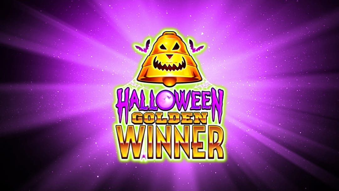 The game title Golden Halloween Winner appears in spooky purple and bold golden letters joined by a glowing green web. A golden bell hangs above the letters. In the background, there is a flare of violet light with stars.