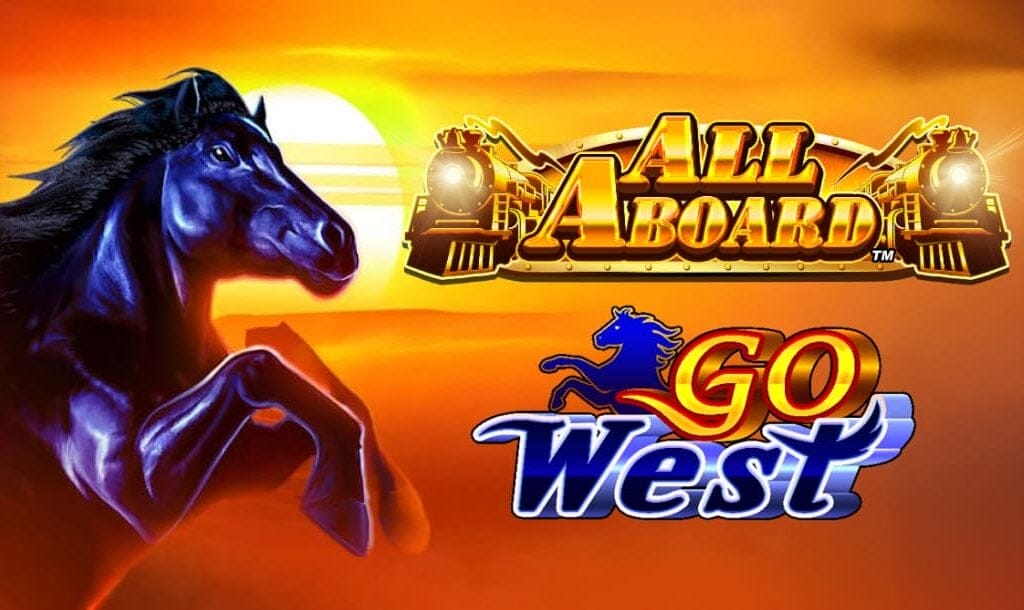 The title screen of All Aboard Go West featuring the golden All Aboard logo flanked by steam trains, the Go West title with a blue horse symbol, and a detailed illustration of a black stallion on the left-hand side. The background is an empty desert with the sun setting on the horizon.