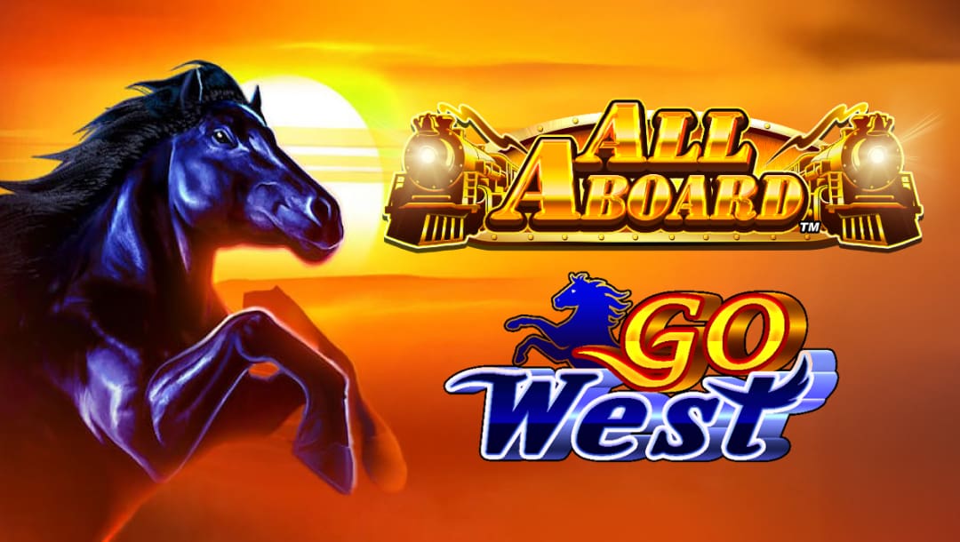 The title screen of All Aboard Go West featuring the golden All Aboard logo flanked by steam trains, the Go West title with a blue horse symbol, and a detailed illustration of a black stallion on the left-hand side. The background is an empty desert with the sun setting on the horizon.