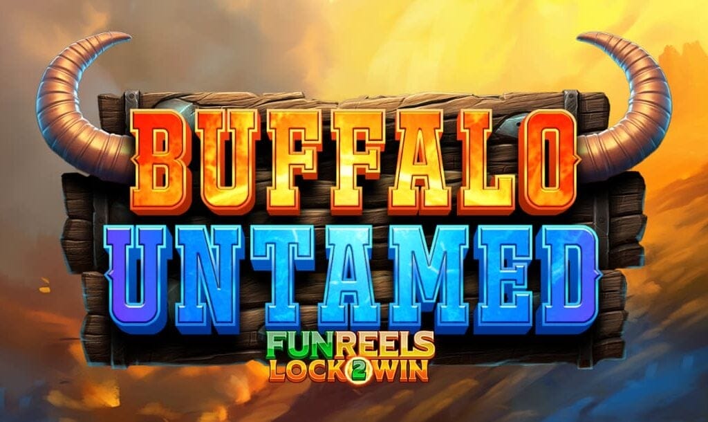 The Buffalo Untamed slot title screen features a bold, stylized logo with large orange and blue letters mounted on a wooden sign. Two curved buffalo horns frame the title. Below the title, “Funreels Lock2Win” is written in a colorful gradient. The background shows a dramatic sky with warm sunset tones and hints of a mountainous landscape.