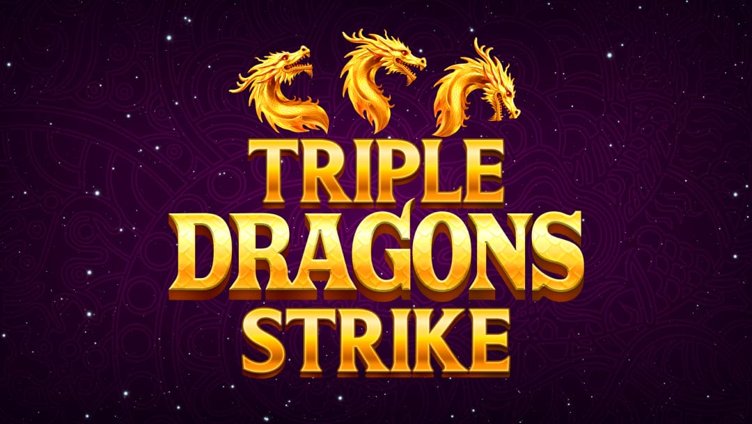 Title screen for the Triple Dragons Strike slot game, displaying three fierce golden dragon heads facing different directions above the bold, stylized title text in shimmering gold. The words TRIPLE DRAGON STRIKE are rendered in a scale-textured font with a golden gradient, set against a dark purple background filled with glowing stars and intricate swirling dragon motifs.