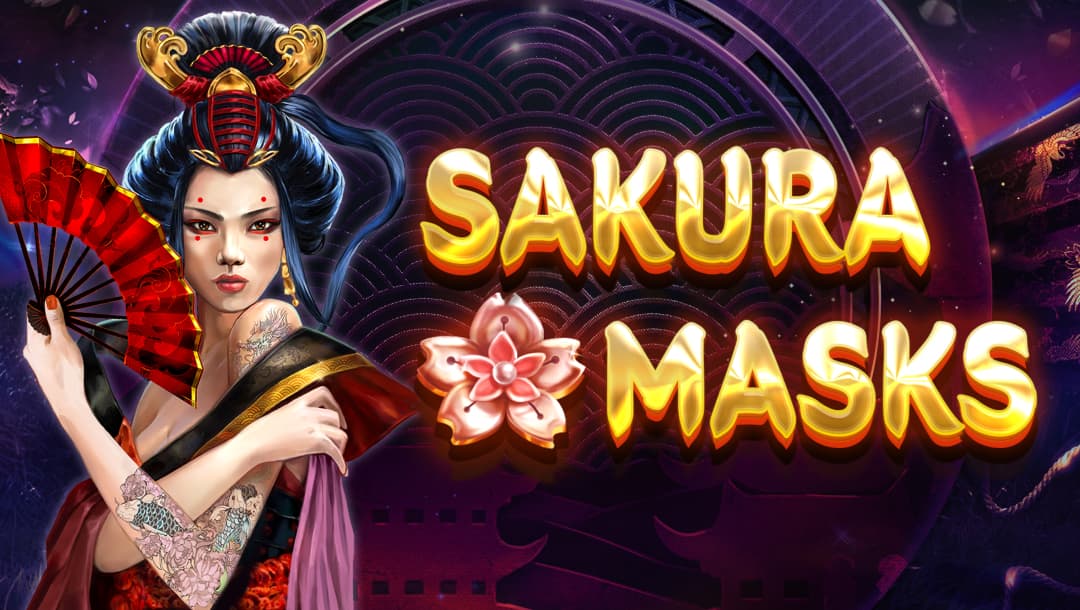 The title Sakura Masks in elegant golden letters against a Japanese temple background with a tattooed geisha in a headdress on the left.