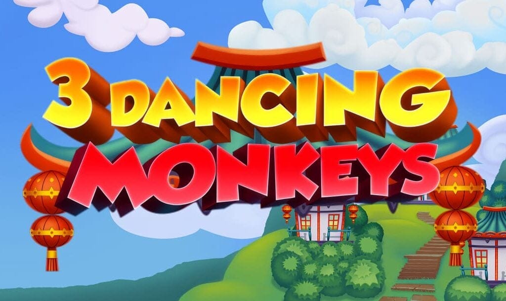 The title 3 Dancing Monkeys appears in cartoon-like red and gold letters beneath a cloudy sky against a background with a pagoda, Chinese lanterns, and a mountain.