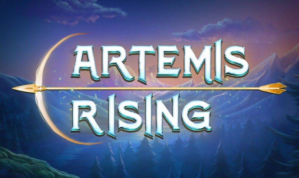 The game title screen with lush forests and rolling mountains with a dusk sky in the background. The game logo is featured up front, with the title text carved in shiny moon rock, separated by Artemis’s golden bow and arrow.