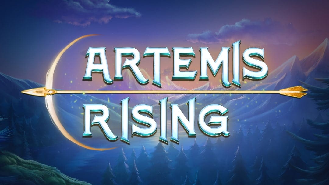 The game title screen with lush forests and rolling mountains with a dusk sky in the background. The game logo is featured up front, with the title text carved in shiny moon rock, separated by Artemis’s golden bow and arrow.