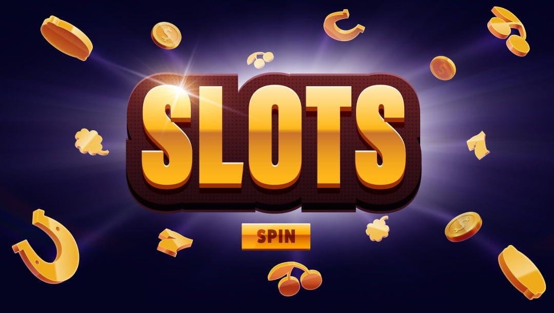 The image features the word “SLOTS” in large, bold, golden letters centered prominently in the foreground, radiating with a lens flare for dramatic effect. Below the word is a glowing yellow “SPIN” button, suggesting interactivity. Scattered around the title are stylized golden slot symbols like coins, horseshoes, cherries, and bars, all floating against a deep purple background that fades into a subtle glow.