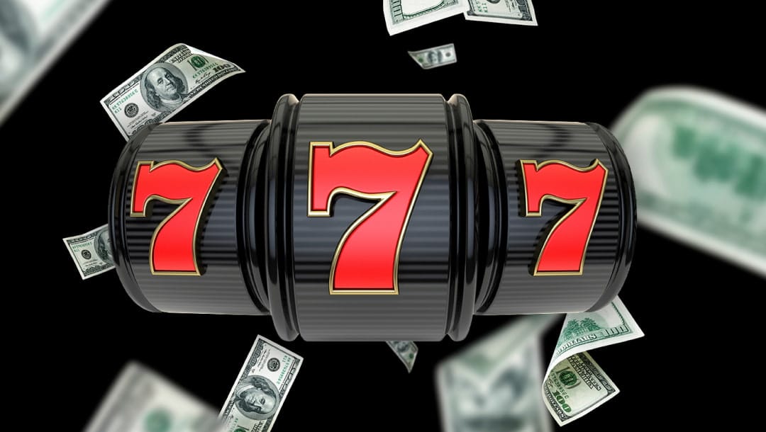 A sleek, modern slot machine reel in the foreground, rendered in glossy black with three bold red sevens lined up across its surface, symbolizing a jackpot win. Surrounding the reel are floating U.S. hundred-dollar bills. The background is a clean, solid black, which creates strong visual contrast and keeps the focus entirely on the spinning reel and the cascading cash, emphasizing the thrill and potential rewards of hitting a big win.