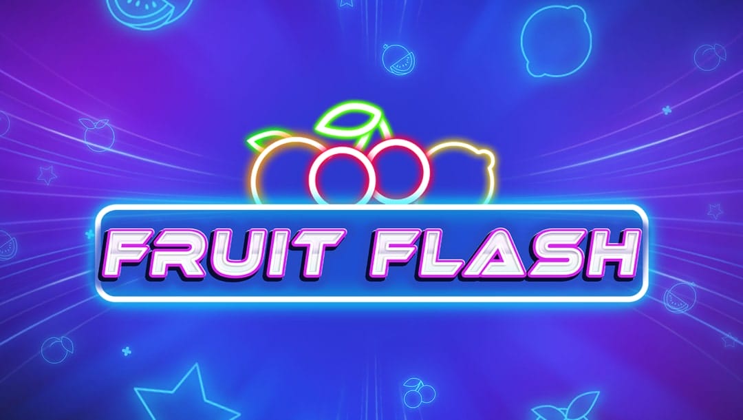 The game title Fruit Flash appears in neon silver letters inside a neon light frame with neon fruit on top. The background is purple and blue with neon stars and fruit.