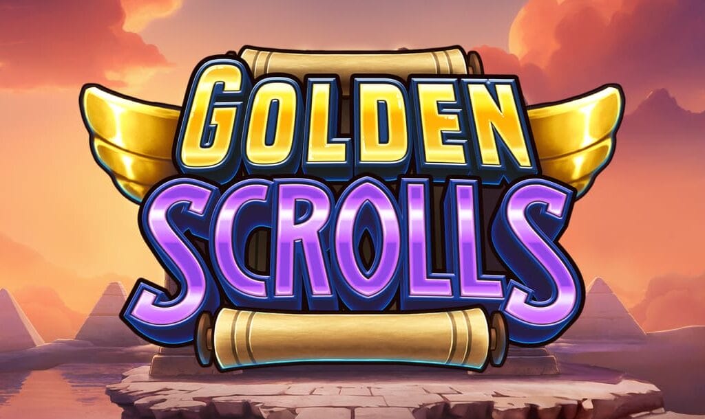 The game title “Golden Scrolls” appears in metallic gold and purple letters on top of a scroll with wings appearing on each side. The background is an ancient Egyptian landscape with pyramids.