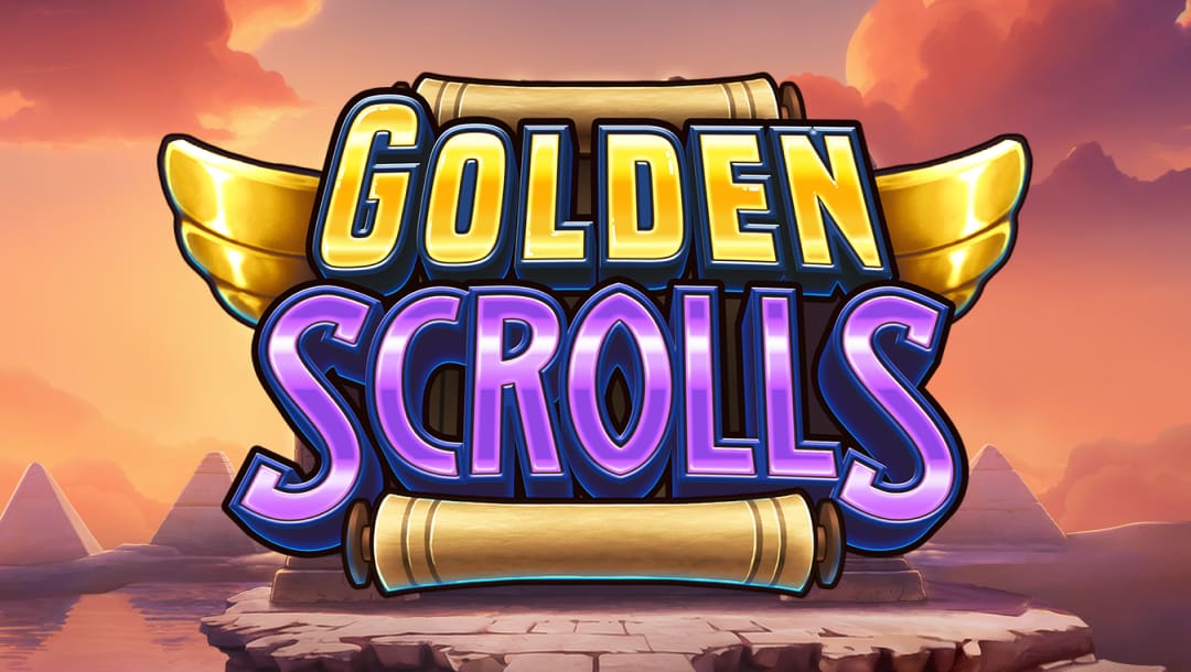 The game title “Golden Scrolls” appears in metallic gold and purple letters on top of a scroll with wings appearing on each side. The background is an ancient Egyptian landscape with pyramids.