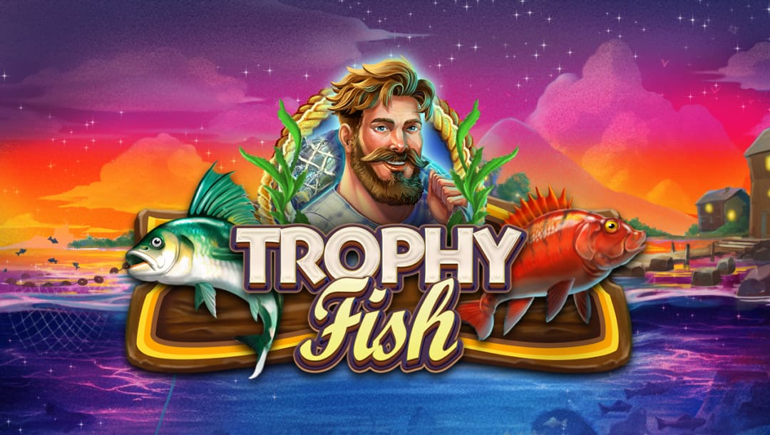 The game title Trophy Fish appears on a wooden trophy board flanked by a green and a red fish. Behind the title is a smiling, bearded fisherman holding a net. The background is a river against a peaceful orange sunrise.