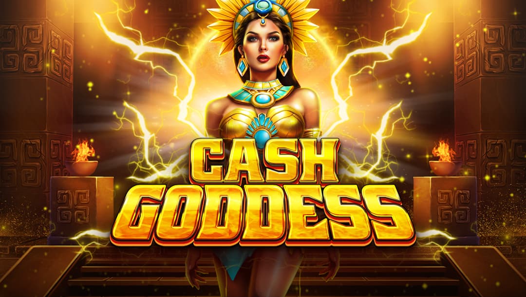The game title Cash Goddess appears in bold, golden, 3D letters in front of a female goddess wearing gold and blue ornaments. Lightning surrounds the goddess who is standing in front of an ancient Egyptian vault.