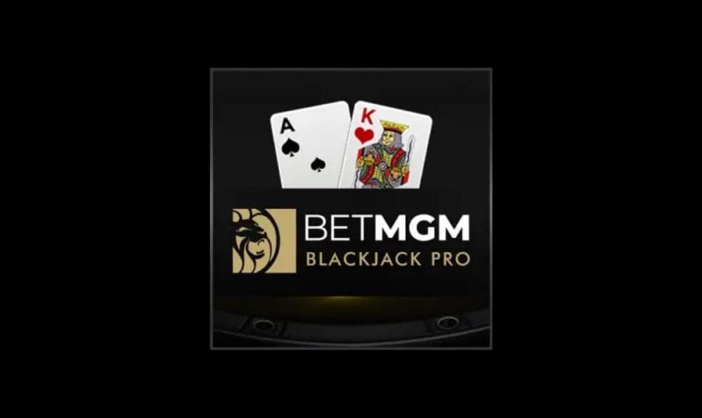 BetMGM Blackjack Pro logo featuring a blackjack hand with an ace of spades and king of hearts, representing a winning combination in this online casino table game with a plain black background.