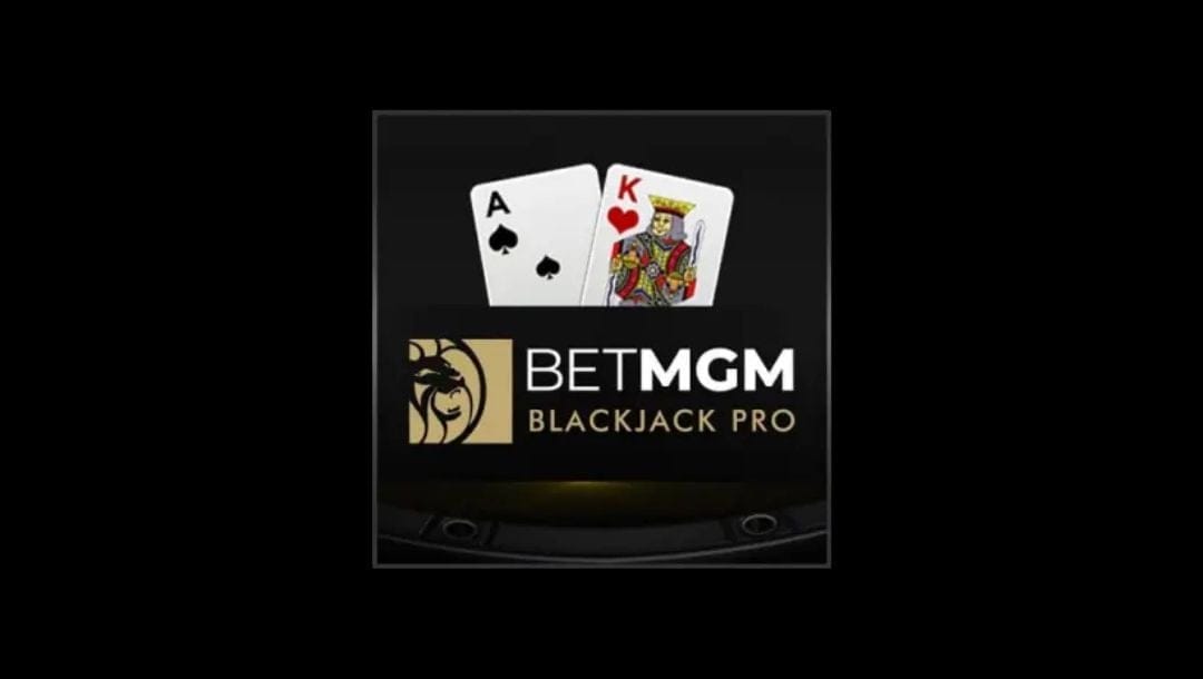 BetMGM Blackjack Pro logo featuring a blackjack hand with an ace of spades and king of hearts, representing a winning combination in this online casino table game with a plain black background.