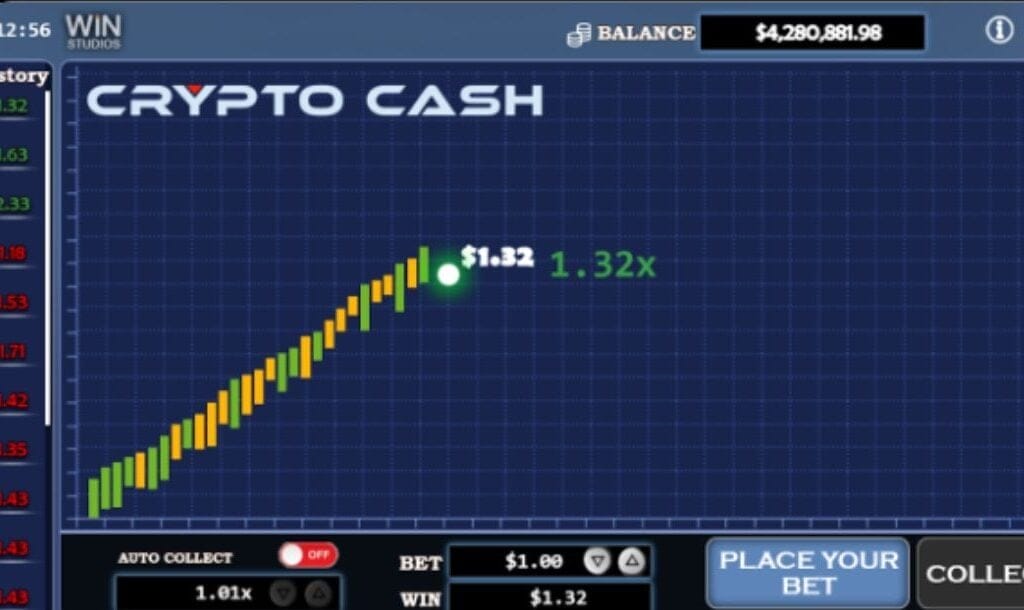 Crypto Cash game screen by WIN Studios, showing a rising multiplier graph paused at 1.32x with a $1.32 win, and betting options including auto collect and place bet button.