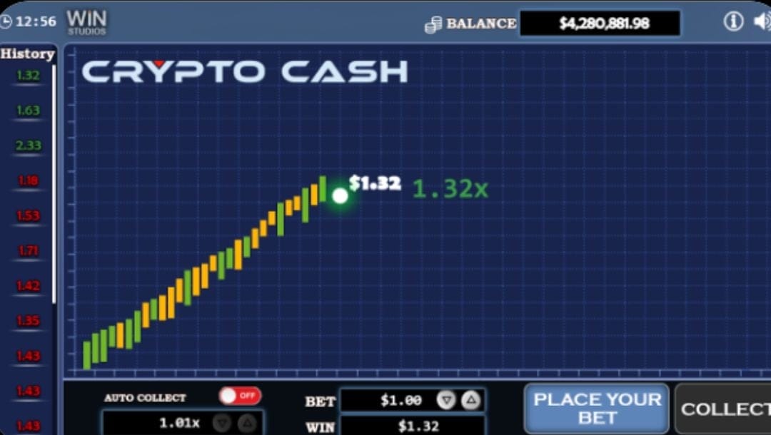 Crypto Cash game screen by WIN Studios, showing a rising multiplier graph paused at 1.32x with a $1.32 win, and betting options including auto collect and place bet button.