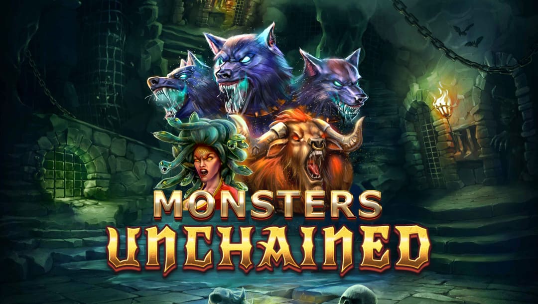 Monsters Unchained title screen featuring a dungeon scene in the background with the game logo in the foreground. The three featured monsters, the Minotaur, Medusa, and Cerberus, are included above the game logo.
