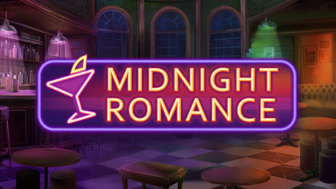 The Midnight Romance logo is a neon-lit sign with red letters, a purple frame, and a cocktail glass on the left-hand side. The background is a jazz lounge with a checkerboard floor, downlit bar, and seating arrangements that include stools and couches.