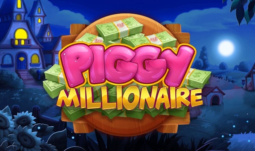 Cartoon-style game title screen for “Piggy Millionaire,” featuring bold pink and yellow lettering on a wooden sign surrounded by stacks of cash, set against a moonlit countryside with a mansion and barn in the background.