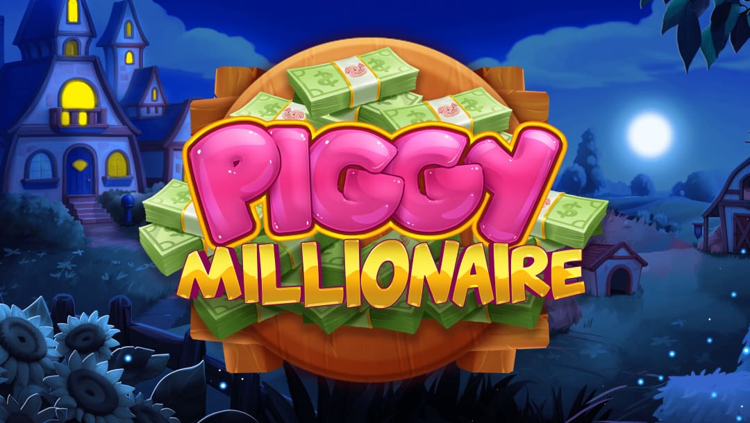 Cartoon-style game title screen for “Piggy Millionaire,” featuring bold pink and yellow lettering on a wooden sign surrounded by stacks of cash, set against a moonlit countryside with a mansion and barn in the background.