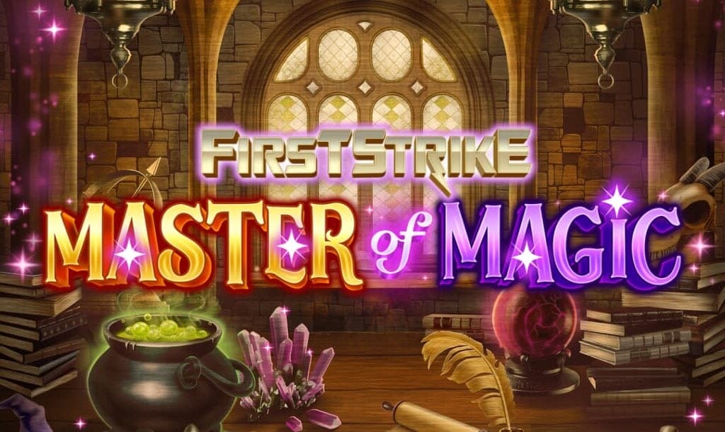 Fantasy-themed slot game title screen with the text “FirstStrike: Master of Magic” set in a wizard’s study, featuring a bubbling cauldron, spell books, potions, and a glowing crystal ball.
