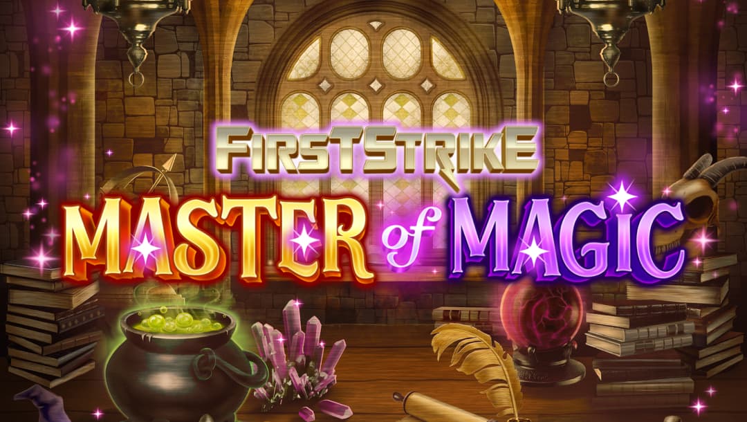Fantasy-themed slot game title screen with the text “FirstStrike: Master of Magic” set in a wizard’s study, featuring a bubbling cauldron, spell books, potions, and a glowing crystal ball.