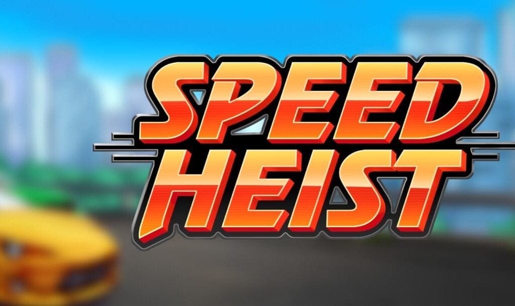 Title screen for the slot game “Speed Heist” featuring bold, red and orange gradient lettering with a cityscape and blurred yellow sports car in the background.