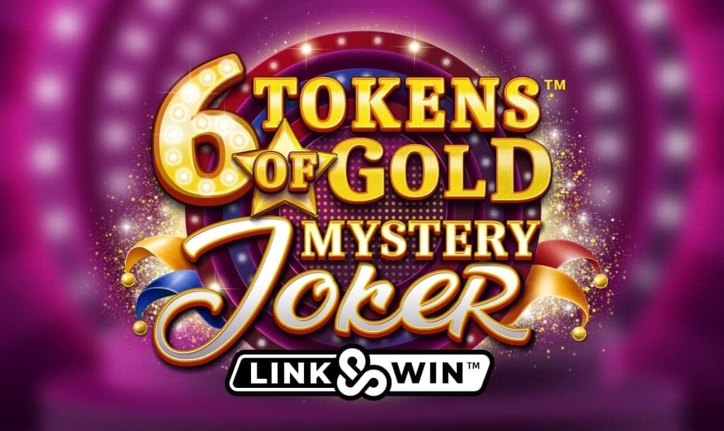 Promotional graphic for the slot game “6 Tokens of Gold: Mystery Joker” featuring bold gold and purple lettering on a sparkling purple background, with jester hats and the “Link & Win” logo below.