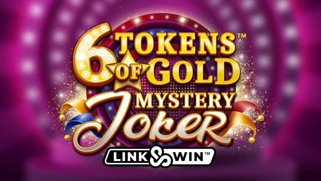 Promotional graphic for the slot game “6 Tokens of Gold: Mystery Joker” featuring bold gold and purple lettering on a sparkling purple background, with jester hats and the “Link & Win” logo below.