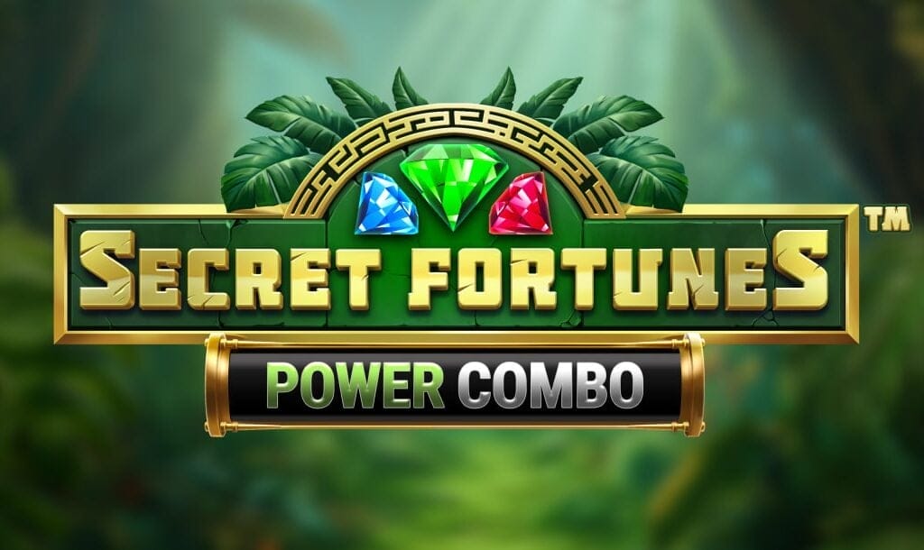 Logo for the Secret Fortunes: Power Combo slot game, featuring gold block letters with jungle foliage and a trio of colourful gems (blue, green, and red) above the title. “Power Combo” is written in bold white and green text against a black banner beneath the game name. The background is a lush, green jungle scene with soft light filtering through.