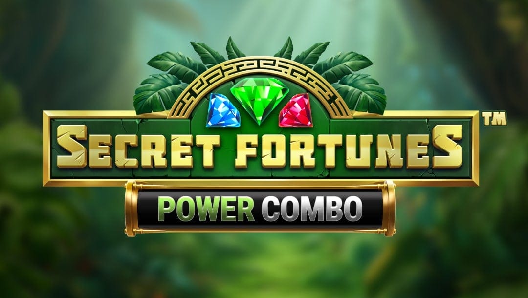 Logo for the Secret Fortunes: Power Combo slot game, featuring gold block letters with jungle foliage and a trio of colourful gems (blue, green, and red) above the title. “Power Combo” is written in bold white and green text against a black banner beneath the game name. The background is a lush, green jungle scene with soft light filtering through.