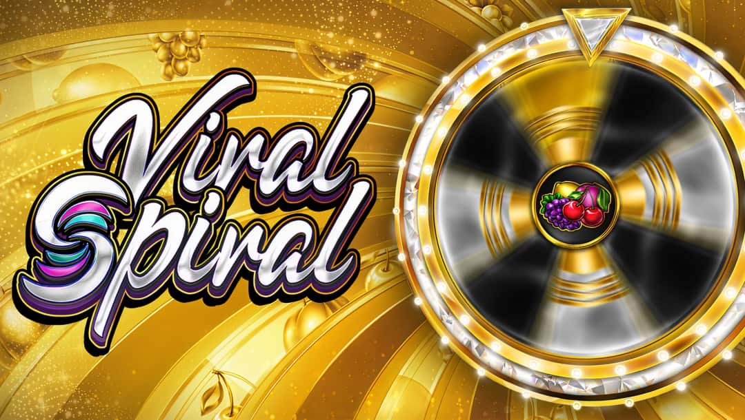 The game title “Viral Spiral” appears in elegant silver letters against a swirling golden background. A spinning gold and diamond wheel with fruit at the center appears to the right.