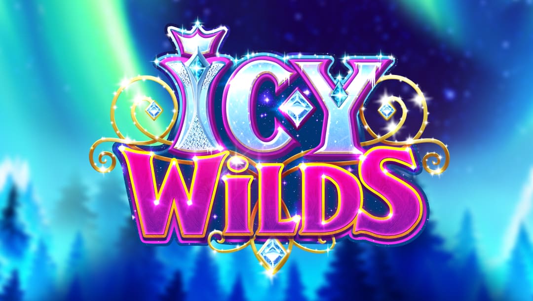 Logo for the slot game "Icy Wilds" displayed in frosty, jewel-encrusted letters with a glowing crown atop the "I". The background features a mystical, snow-covered forest with glowing auroras in the sky, giving a magical winter atmosphere.