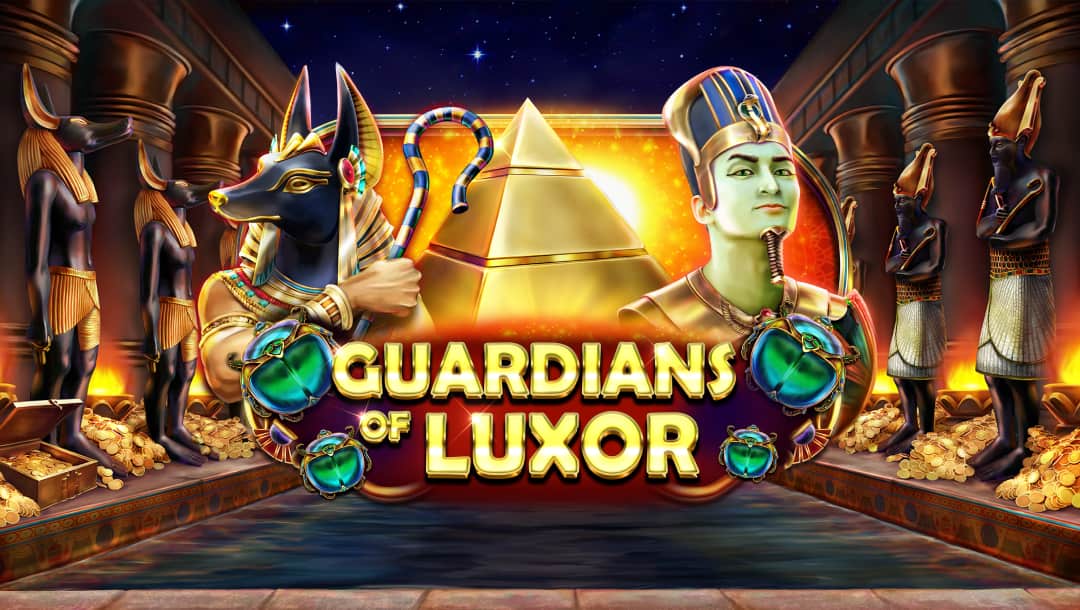 Guardians of Luxor title screen showing an Ancient Egyptian temple with golden statues, piles of coins, and a glowing pyramid in the background. Two large figures, Anubis on the left and an Egyptian pharaoh on the right, frame the golden game title text at the center, decorated with green scarab beetles.