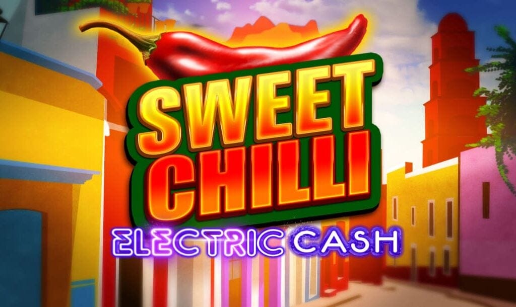 The title screen for Sweet Chilli: Electric Cash features a large, bold game logo with the words SWEET CHILLI in yellow and red gradient block letters, outlined in green and black for a glowing effect. Above the text is a shiny red chili pepper with a yellow fiery outline, tilting slightly upward. Beneath the title, the words ELECTRIC CASH appear in glowing purple neon font. The background depicts a colorful Mexican street with painted houses in yellow, orange, pink, and blue. The visual style is cartoonish and vibrant.
