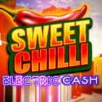 The title screen for Sweet Chilli: Electric Cash features a large, bold game logo with the words SWEET CHILLI in yellow and red gradient block letters, outlined in green and black for a glowing effect. Above the text is a shiny red chili pepper with a yellow fiery outline, tilting slightly upward. Beneath the title, the words ELECTRIC CASH appear in glowing purple neon font. The background depicts a colorful Mexican street with painted houses in yellow, orange, pink, and blue. The visual style is cartoonish and vibrant.
