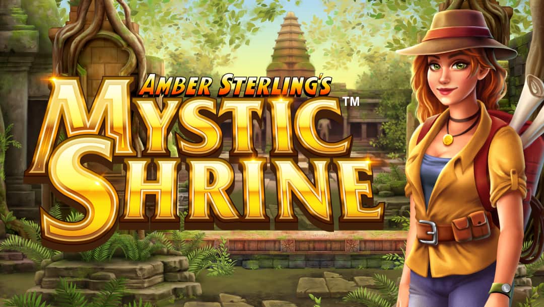 The game title Amber Sterling’s Mystic Shrine appears in gold letters against a lost jungle temple background. The intrepid female adventurer Amber Sterling stands to the right.