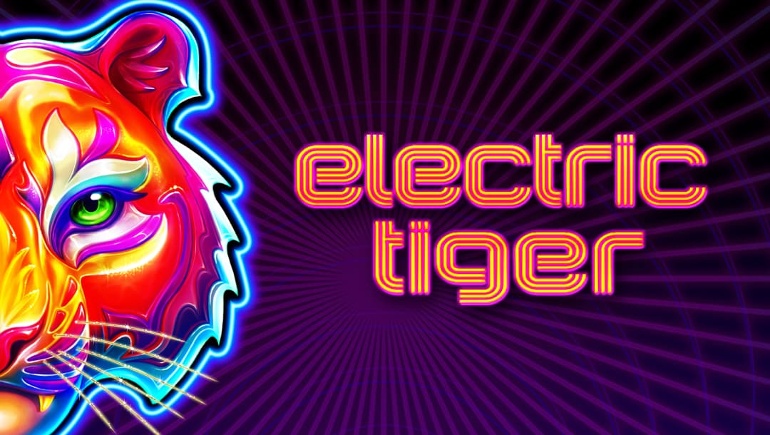 The title screen of the Electric Tiger slot game features a vivid, neon-style half-face of a tiger with glowing green eyes, painted in vibrant shades of electric orange, hot pink, and icy blue. The background is a deep purple grid bursting outward in glowing radial lines, giving the feel of retro-futuristic energy. To the right, the game’s name, Electric Tiger, is displayed in a bold, layered font with glowing stripes of pink, yellow, and orange.