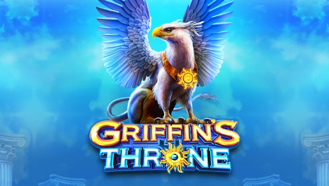 The game title “Griffin’s Throne” appears in gold and silver-blue letters against a background of clouds above ancient temple pillars. The “O” of “Throne” is a sunburst. A mythological griffin is crouched on top of the title.