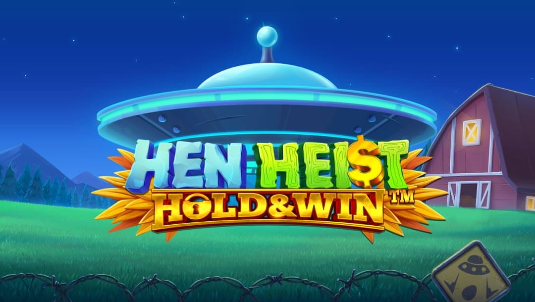 The Hen Heist: Hold and Win title screen featuring a barn and farmyard in the background, while a UFO beams in the game title in the foreground. There is barbed wire an an alien spaceship warning sign in front of the alien ship.