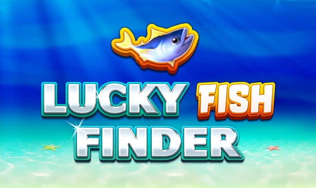 Lucky Fish Finder title screen with the signature fish symbol accompanying a chromed-out game logo. The ocean floor and a deep blue expanse fill the background.