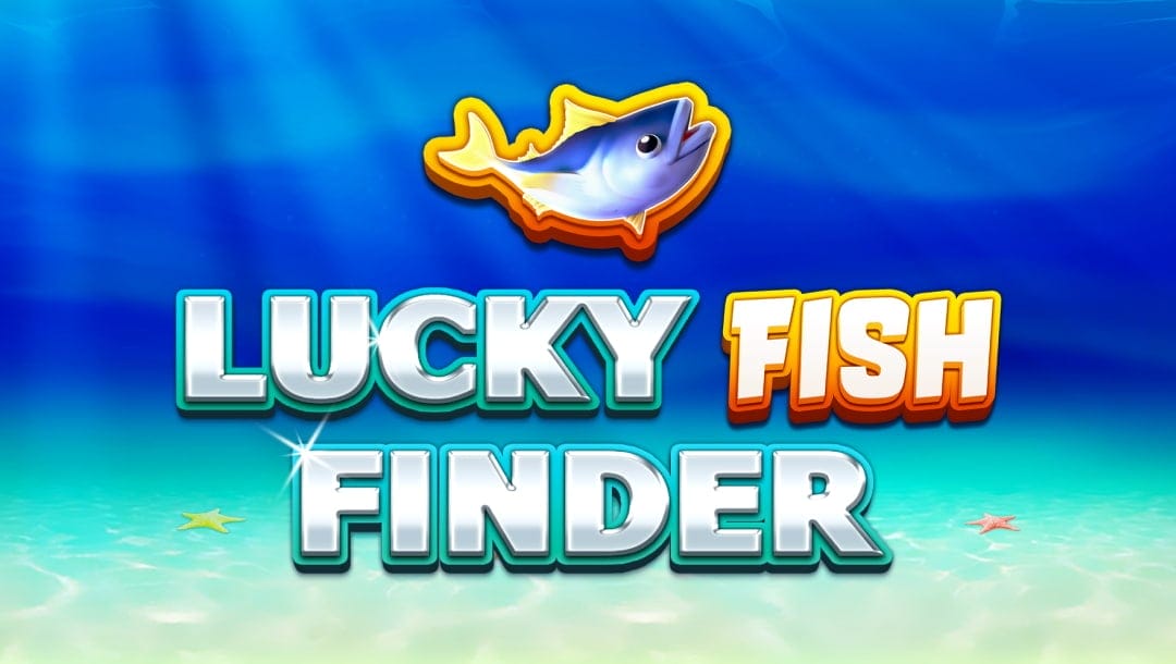 Lucky Fish Finder title screen with the signature fish symbol accompanying a chromed-out game logo. The ocean floor and a deep blue expanse fill the background.