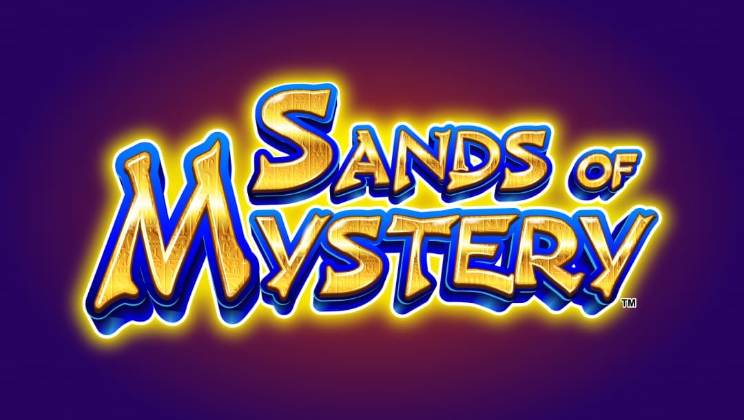 The title screen for the slot game Sands of Mystery. The game’s name is prominently displayed in large, stylized letters with a golden, textured finish resembling ancient carved stone or hieroglyphics. The letters have bold blue outlines and are surrounded by a glowing yellow aura. The background is a smooth gradient of deep purple fading into a reddish hue behind the text.