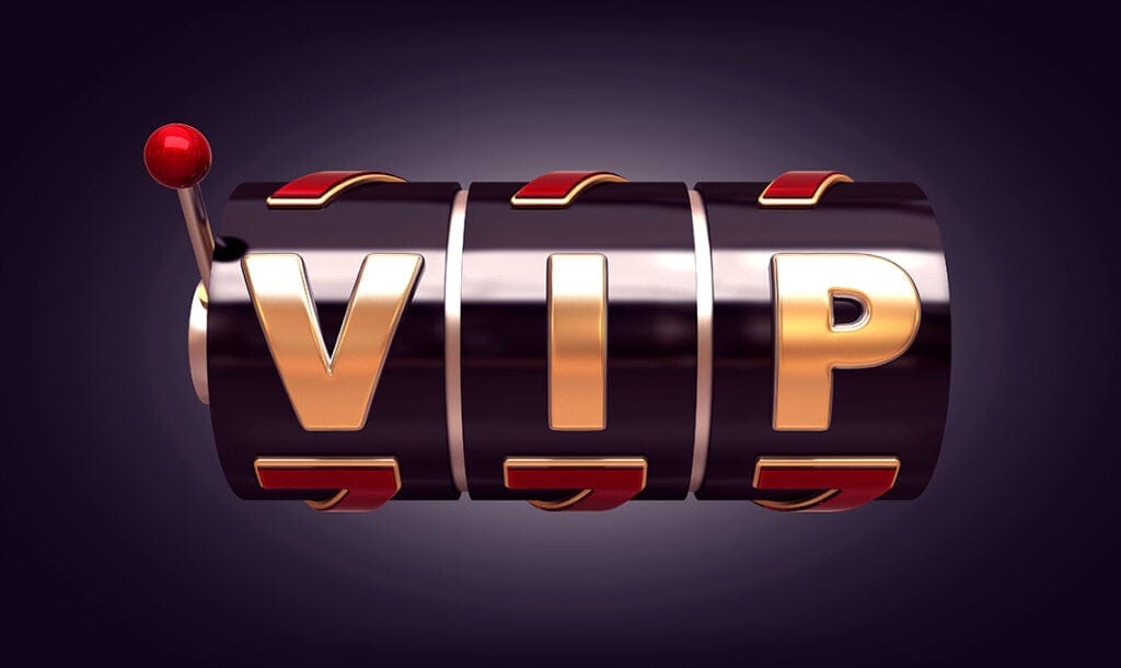 Glossy slot machine with the word “VIP” displayed across the reels in bold gold letters, symbolizing exclusive access or high roller status in a casino.