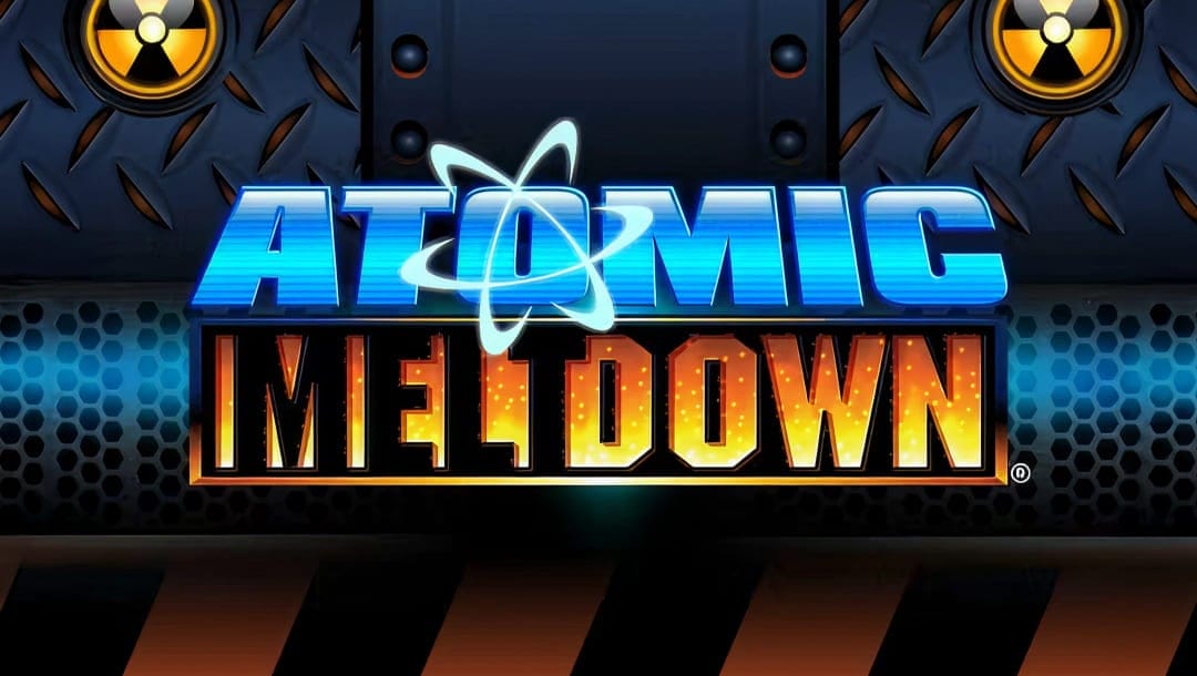 The banner for the slot game Atomic Meltdown. In the foreground, the word "ATOMIC" appears in electric blue block letters with a glowing electron-orbit symbol integrated into the letter “O.” Below it, the word “MELTDOWN” is rendered in a fiery orange gradient with a melting effect. The background features an industrial, metallic texture with dark riveted steel panels, honeycomb mesh, and hazard-striped flooring, evoking a high-security nuclear facility. Radiation warning symbols flank the top corners.
