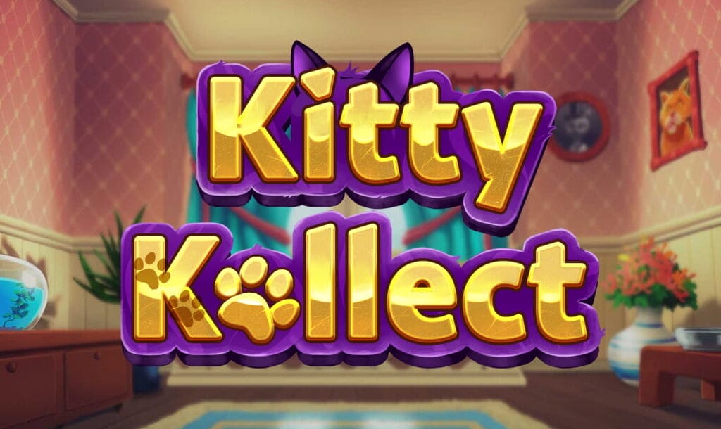 Kitty Kollect slot game title screen showcasing the game’s logo in bold golden letters with purple trim, accented by cat ears and a paw print replacing the letter “o.” The background reveals a cozy cartoon-style living room with red, patterned wallpaper, teal curtains, a cat portrait on the wall, and a fishbowl on a wooden cabinet.