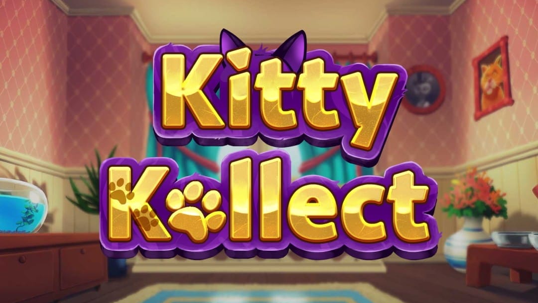 Kitty Kollect slot game title screen showcasing the game’s logo in bold golden letters with purple trim, accented by cat ears and a paw print replacing the letter “o.” The background reveals a cozy cartoon-style living room with red, patterned wallpaper, teal curtains, a cat portrait on the wall, and a fishbowl on a wooden cabinet.