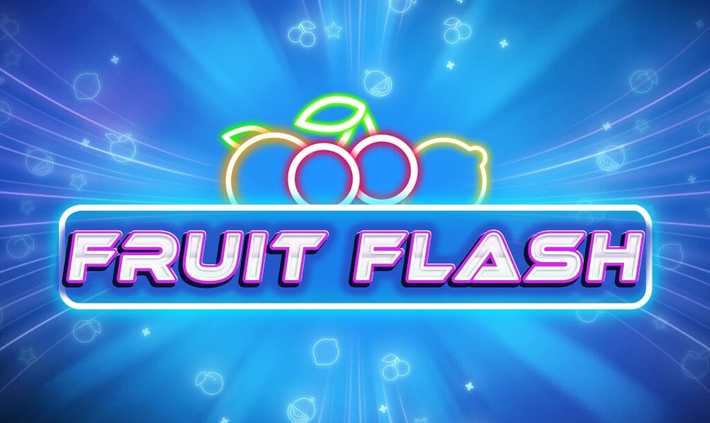 Bright neon-style logo for the Fruit Flash slot game, featuring glowing outlines of fruit symbols like cherries, lemon, and orange on a radiant blue background.